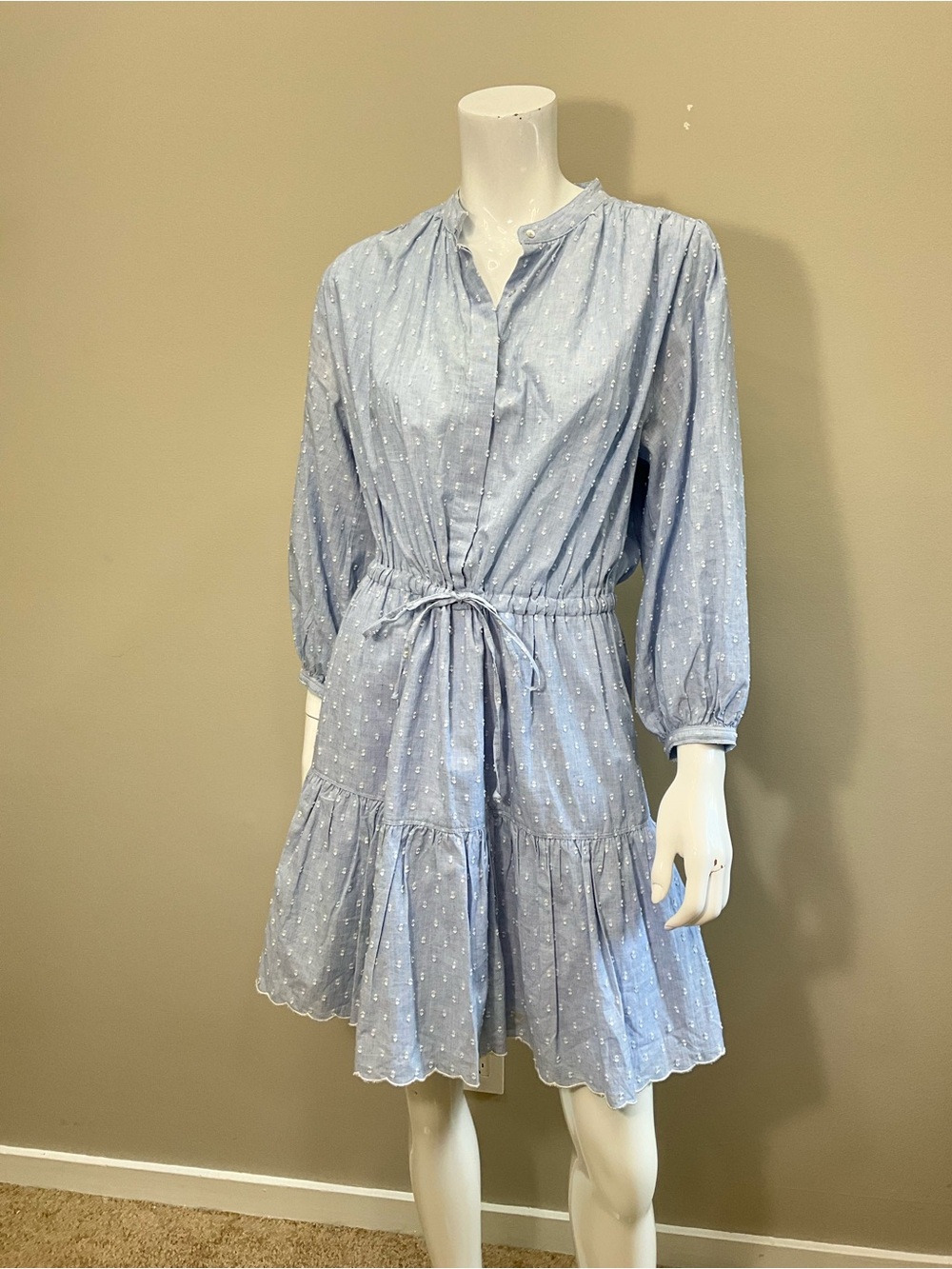 JOIE Light Blue Swiss Dot Tiered Mini Dress Drawstring Waist Long Sleeve M